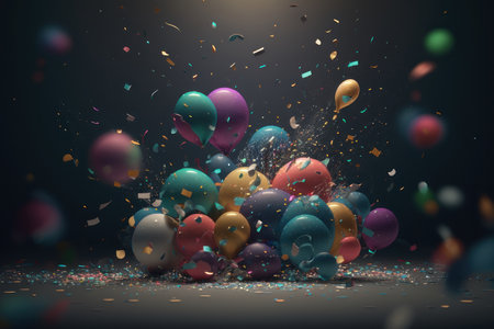 Air balloons and confetti on a black background. AI generative. illustration in photorealistic style.の素材