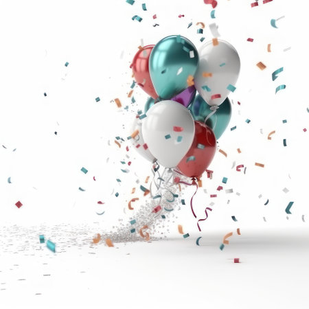 Balloons and confetti on a light background. AI generative. illustration in photorealistic style.の素材