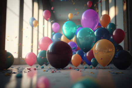 Balloons and confetti in the room. AI generative. illustration in photorealistic style.の素材