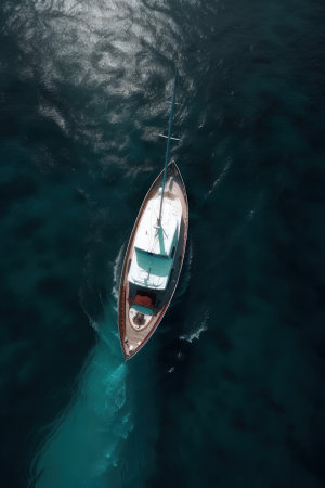 Yacht in the sea, top view, vertical background. AI generative. illustration in photorealistic style.の素材