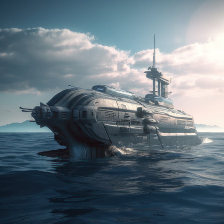 Warship of the future in the ocean. AI generative. illustration in photorealistic style.の素材