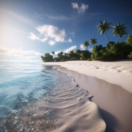 Beach with palm trees and sea waves. AI generative. illustration in photorealistic style.の素材
