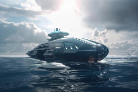Futuristic ship of the future in the ocean. AI generative. illustration in photorealistic style.の素材