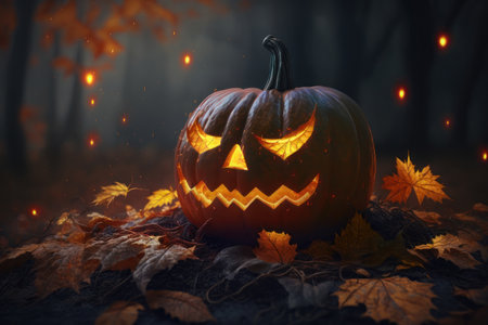 Halloween pumpkin in the forest. AI generative. illustration in photorealistic style.の素材