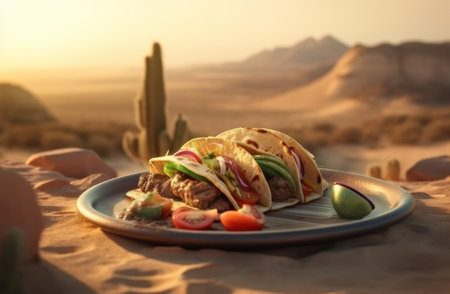 Tacos in the desert. AI generative. illustration in photorealistic style.の素材