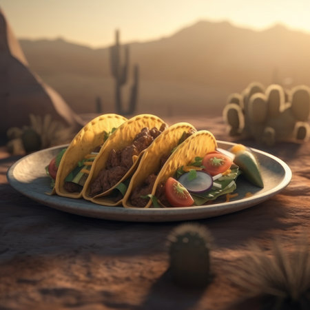 Several tacos with meat in a plate against the backdrop of the desert. AI generative. illustration in photorealistic style.の素材