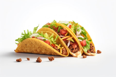 Three tacos on a white background. AI generative. illustration in photorealistic style.の素材