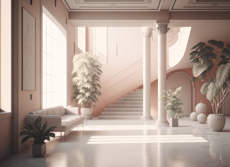 House in the style of minimalism, pink colors. AI generative. illustration in photorealistic style.の素材