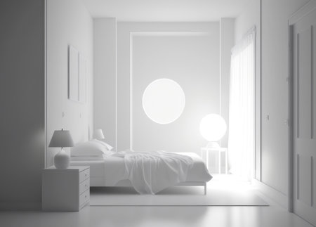 Bedroom in minimalist style, white light. AI generative. illustration in photorealistic style.の素材