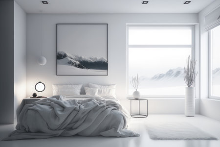 Bedroom in minimalist style, white colors. AI generative. illustration in photorealistic style.の素材