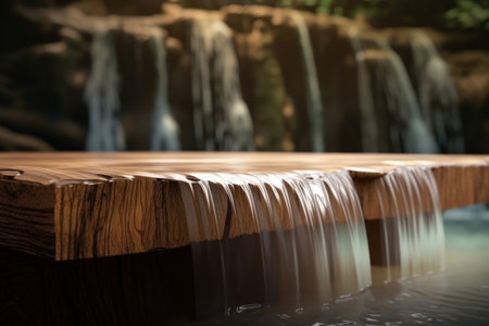 background for advertising. Wooden surface on the background of a waterfall. AI generative. illustration in photorealistic style.の素材