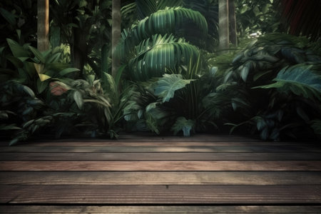 background for advertising goods. Wooden surface, jungle background. AI generative. illustration in photorealistic style.の素材