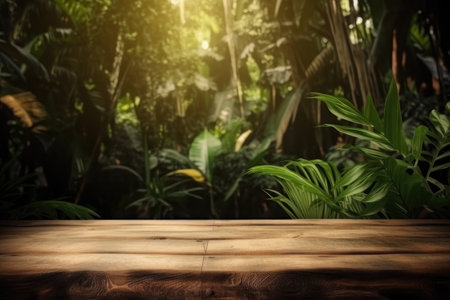 background. Wooden surface on the background of palm leaves and jungle. AI generative. illustration in photorealistic style.の素材