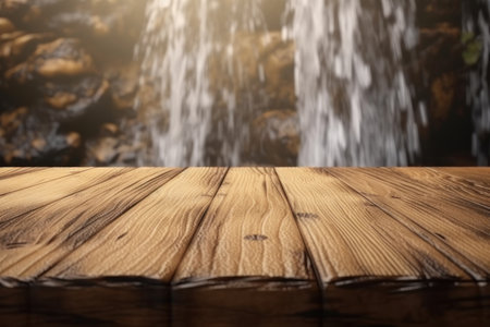 background for advertising. Wooden surface, in the background is a waterfall. AI generative. illustration in photorealistic style.の素材