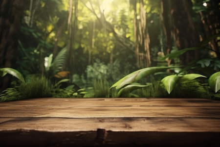 background for advertising goods. Wooden surface on the background of the jungle. AI generative. illustration in photorealistic style.の素材