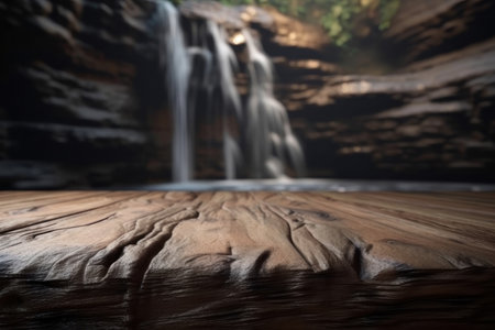 background. Wooden old surface, in the background there is a waterfall. AI generative. illustration in photorealistic style.の素材