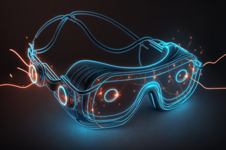 Virtual reality glasses, neon light lines. AI generative. Graphic style illustration.の素材