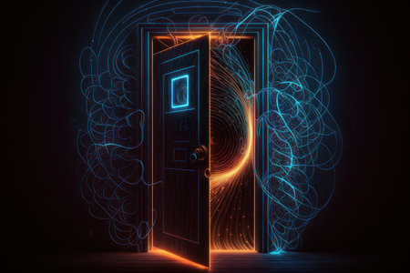 Door to cyberspace, neon lines on black background. AI generative. Graphic style illustration.の素材