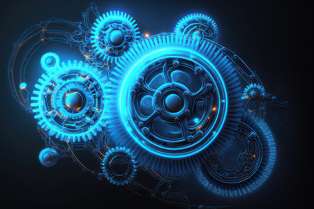 Gears, neon lines. AI generative. Graphic style illustration.の素材
