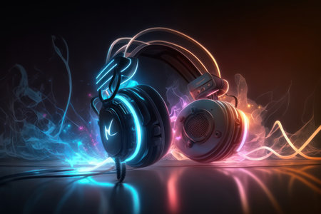 Headphones, neon lines. AI generative. Graphic style illustration.の素材