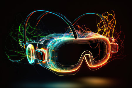 Virtual reality glasses, neon lines. AI generative. Graphic style illustration.の素材