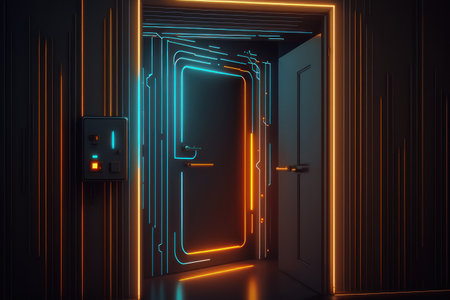 Door to cyberspace, neon lines. AI generative. Graphic style illustration.の素材