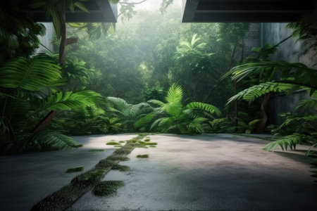 Background, concrete floor in the building against the backdrop of the jungle. AI generative. illustration in photorealistic style.の素材