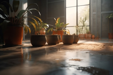 Background, concrete room with a window and potted plants. AI generative. illustration in photorealistic style.の素材