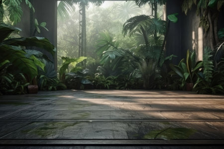 Background, concrete surface against the backdrop of the jungle. AI generative. illustration in photorealistic style.の素材