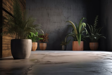 Background, concrete floor, wooden wall and potted plants. AI generative. illustration in photorealistic style.の素材