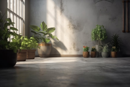 Background, concrete floor, window and potted plants. AI generative. illustration in photorealistic style.の素材