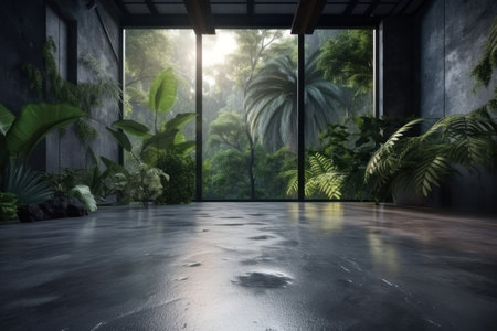Background, concrete floor in an abandoned building against the backdrop of the jungle. AI generative. illustration in photorealistic style.の素材