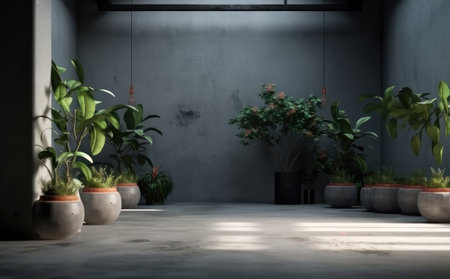 background. Concrete walls and plants in pots. AI generative. illustration in photorealistic style.の素材