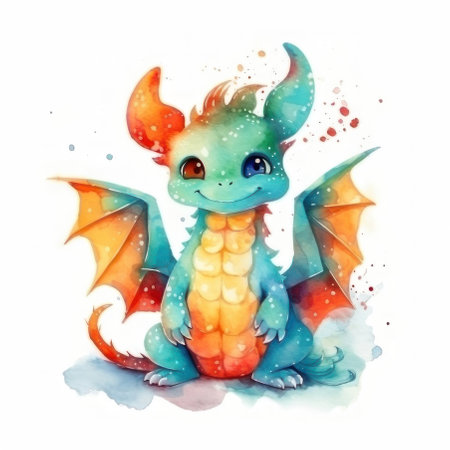 Cute watercolor dragon with colorful eyes. AI generative. illustration in watercolor drawing style.の素材
