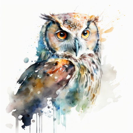 Multicolored watercolor owl. AI generative. illustration in watercolor drawing style.の素材