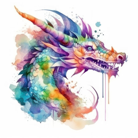 Multicolored watercolor dragon. AI generative. Illustration in watercolor drawing style.の素材