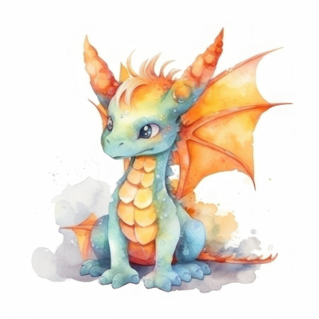 Cute watercolor dragon. AI generative. Illustration in watercolor drawing style.の素材