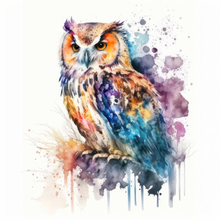 Multicolored watercolor owl on a white background. AI generative. illustration in watercolor drawing style.の素材