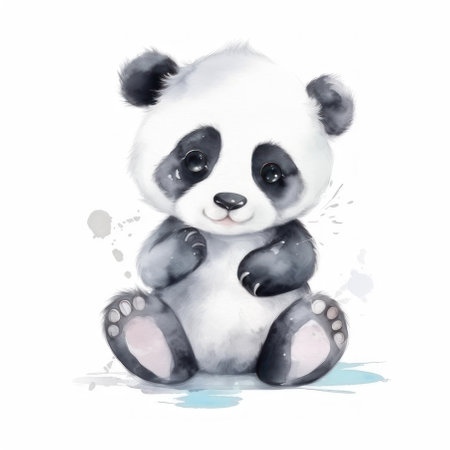 Cute little watercolor panda on a white background. AI generative. illustration in watercolor drawing style.の素材