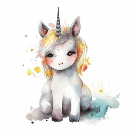 Cute watercolor unicorn on a white background. AI generative. Illustration in watercolor drawing style.の素材