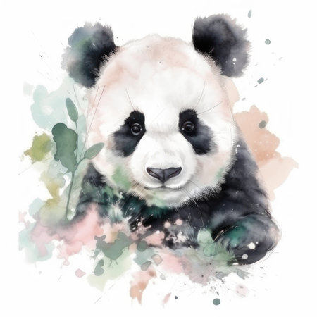 Watercolor panda and plant on a white background. AI generative. Illustration in watercolor drawing style.の素材