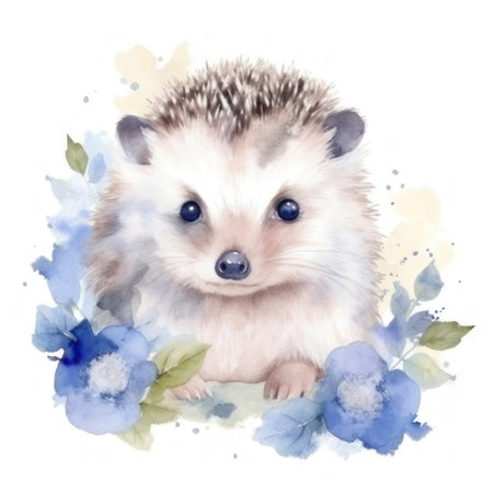 Watercolor hedgehog and flowers on a white background. AI generative. illustration in watercolor drawing style.の素材