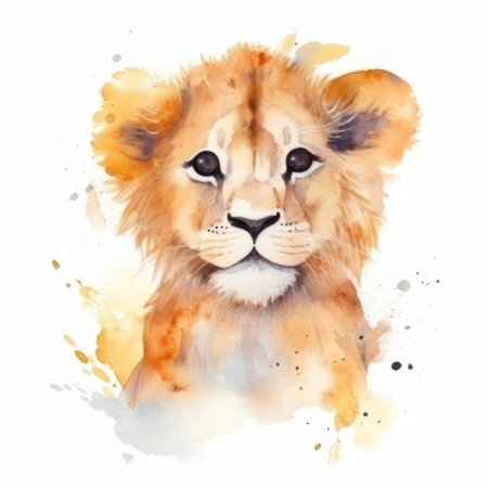 Small watercolor lion on a white background. AI generative. Illustration in watercolor drawing style.の素材