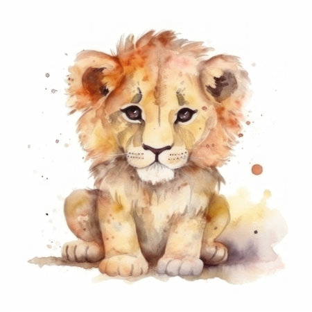 Cute little watercolor lion on a white background. AI generative. Illustration in watercolor drawing style.の素材