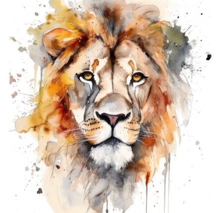 Watercolor lion, portrait. AI generative. Illustration in watercolor drawing style.の素材