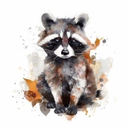 Watercolor raccoon sits on a white background. AI generative. illustration in watercolor drawing style.の素材