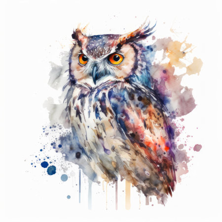 Watercolor owl multicolored. AI generative. Illustration in watercolor drawing style.の素材