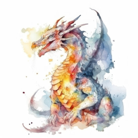watercolor dragon on a white background. AI generative. illustration in watercolor drawing style.の素材