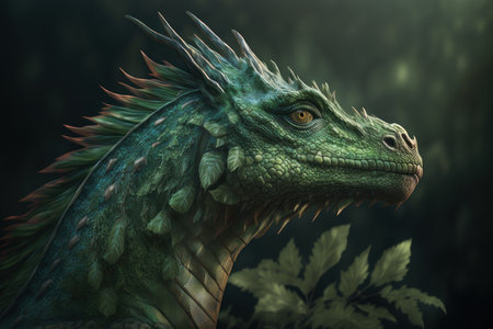 Green dragon on the background of nature, a symbol of 2024. AI generative. illustration in photorealistic style.の素材