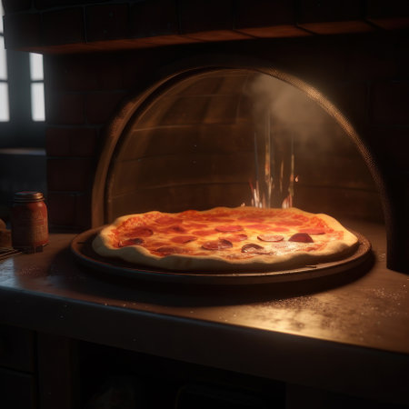 Pepperoni pizza in the oven. AI generative. illustration in photorealistic style.の素材